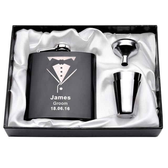 Personalized Engraved  6oz Hip Flask Set Stainless Steel Funnel Gift Box +2 Cups Bride Groom Best Man Usher Wedding Decor Favor