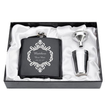 Load image into Gallery viewer, Personalized Engraved  6oz Hip Flask Set Stainless Steel Funnel Gift Box +2 Cups Bride Groom Best Man Usher Wedding Decor Favor