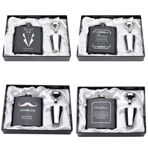 Personalized Engraved  6oz Hip Flask Set Stainless Steel Funnel Gift Box +2 Cups Bride Groom Best Man Usher Wedding Decor Favor